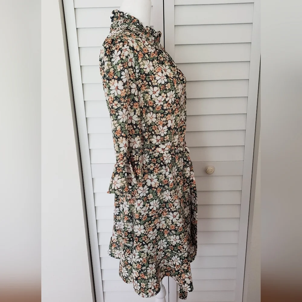 Allegra K Floral 3/4 Bell Sleeves Smocked Belted Flare Ruffle Dress Size S - Picture 6 of 16